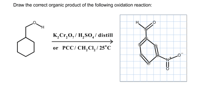 Draw the correct organic product for the oxidation reaction